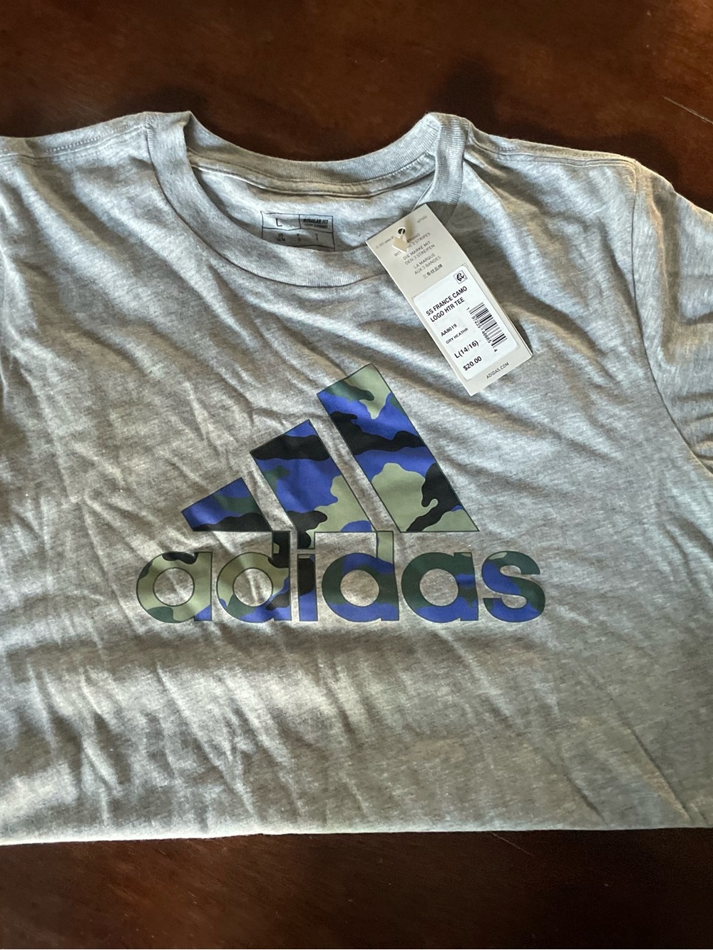 Adidas Gray Kid's Tee with Blue and Green Camo Logo
Large
